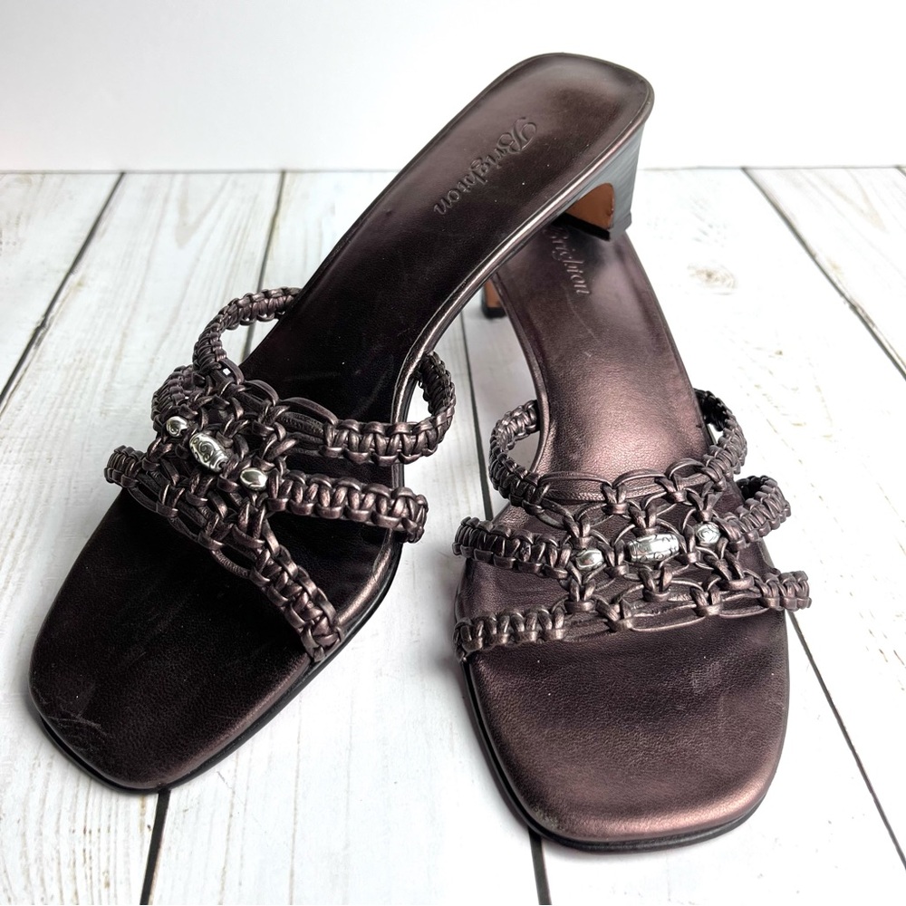 Brighton Karen Woven Leather Sandal Brown Copper Silver Slide 2" Heel 7-1/2 M US